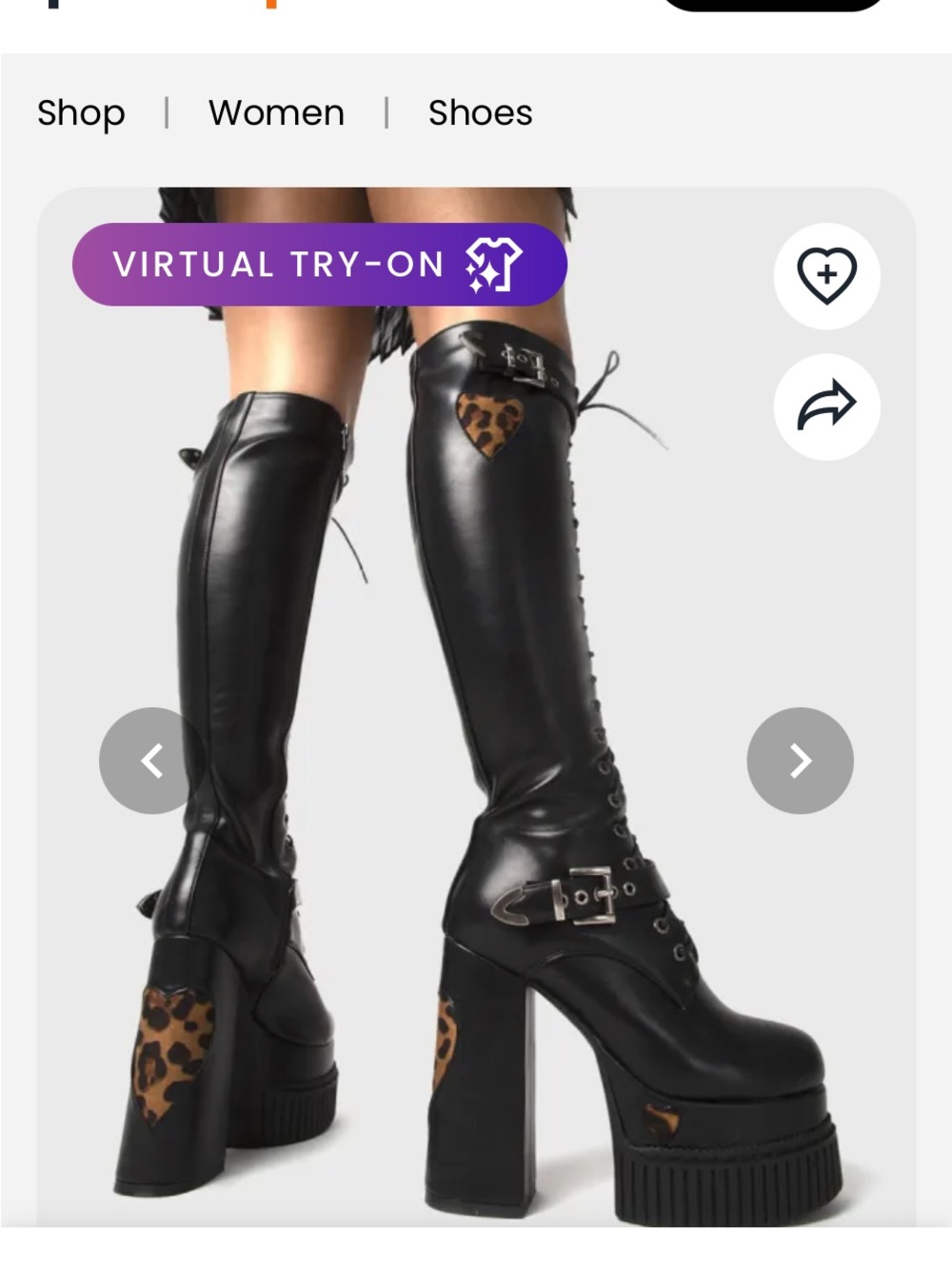 Black Platform Knee-High Boots with Leopard Heart Accents - Women